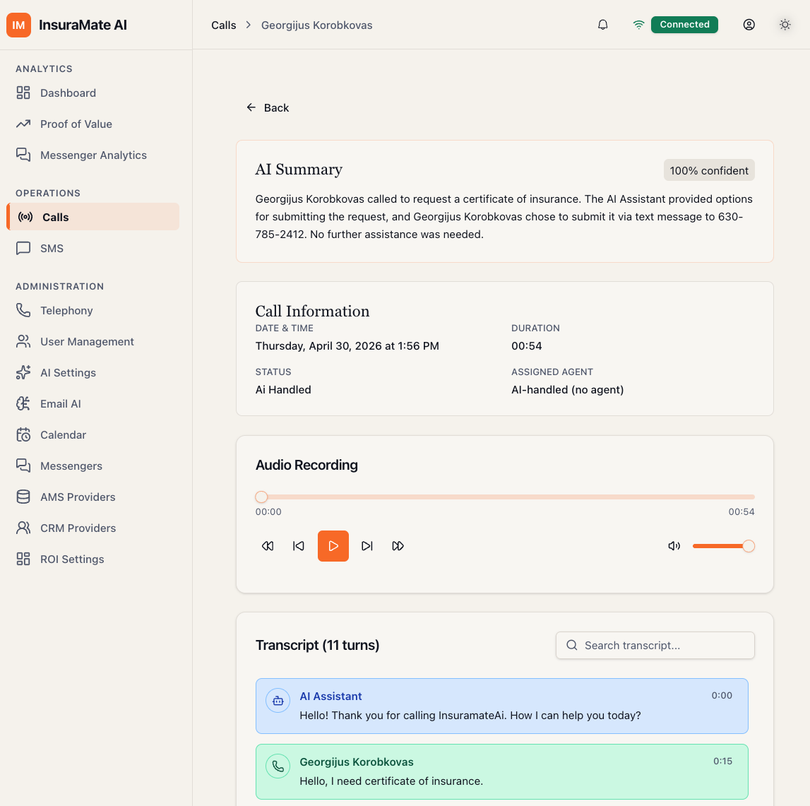 InsuraMate AI portal — call detail view with AI summary, recording, and transcript